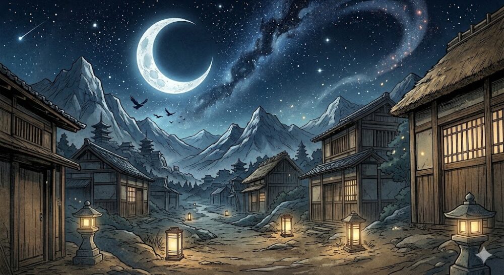 「鬼滅の刃」の世界観をイメージした月夜の街並みのイラスト。