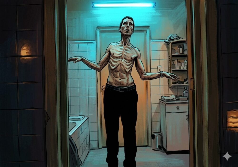 記事で紹介している映画「マシニスト」のイメージイラスト。